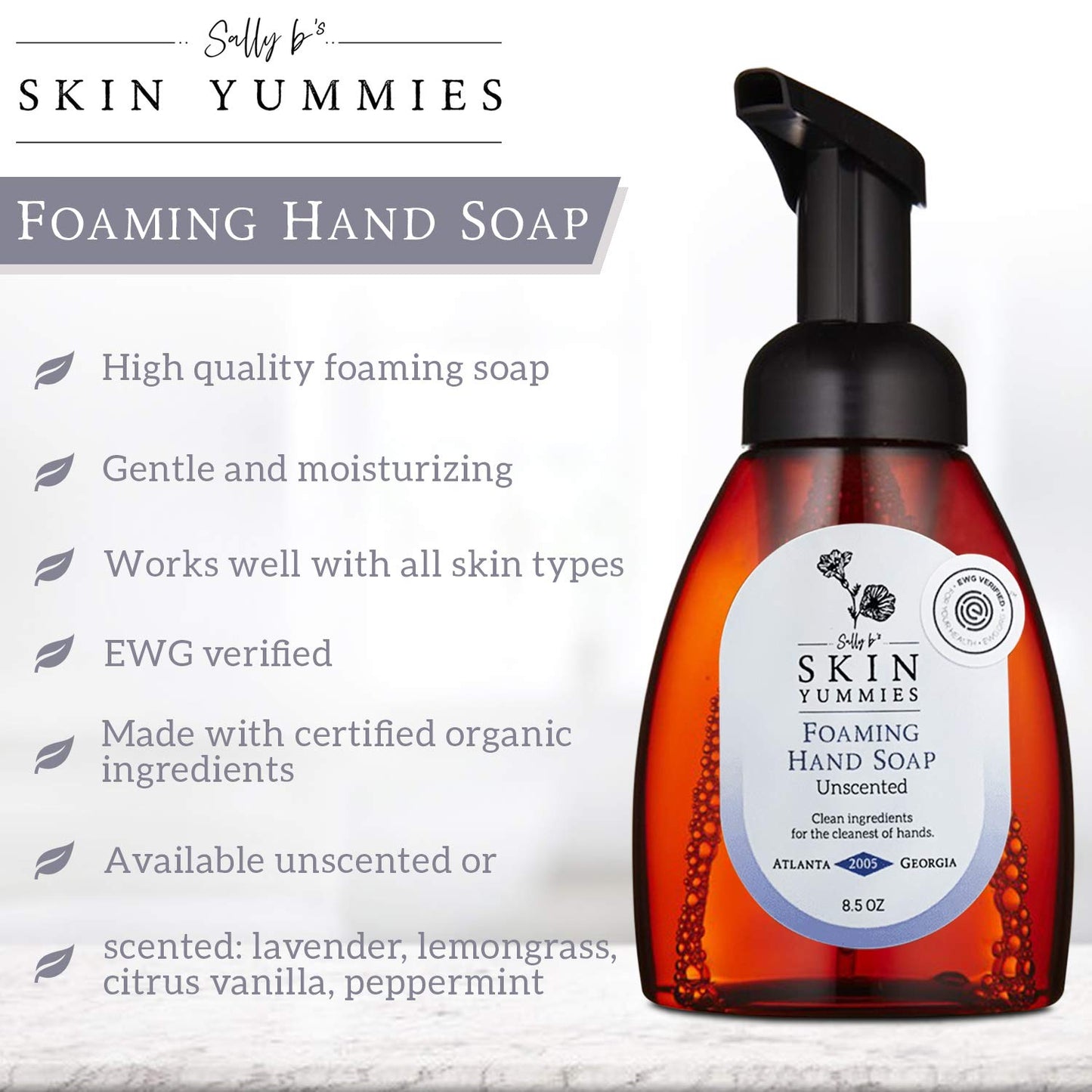 Sally B's Lavender Foaming Hand Soap - Organic Emollient Soap for Sensitive Skin/EWG Hand Soap/ 8.5 OZ(Lavender)