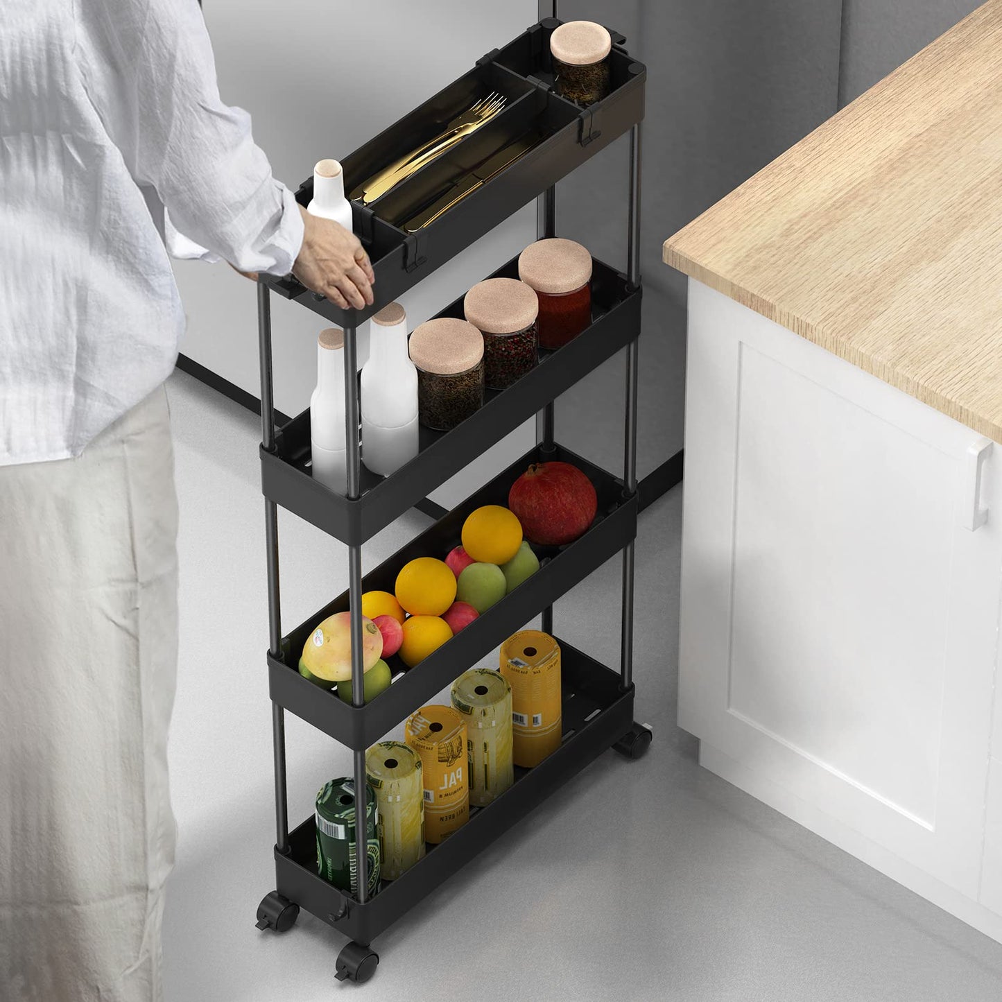 SPACELEAD Slim 4-Tier Storage Cart, Rolling Bathroom Organizer & Mobile Shelving Unit for Kitchen, Laundry, Office & Narrow Spaces, Black