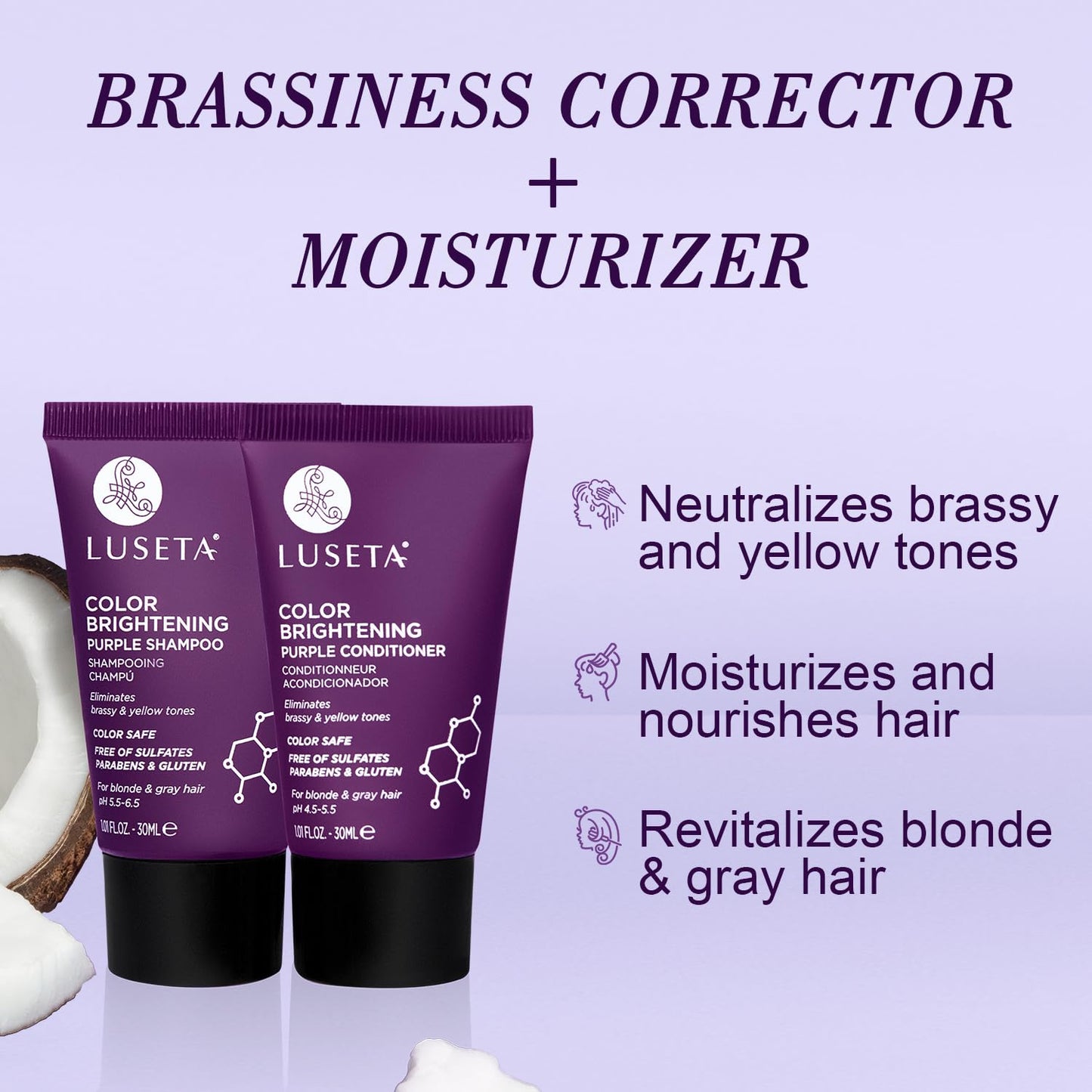 Luseta Color Brightening Purple Travel Shampoo and Conditioner Mini Kit for Blonde, Silver and Gray Hair - Brassiness Neutralizer for Highlighted