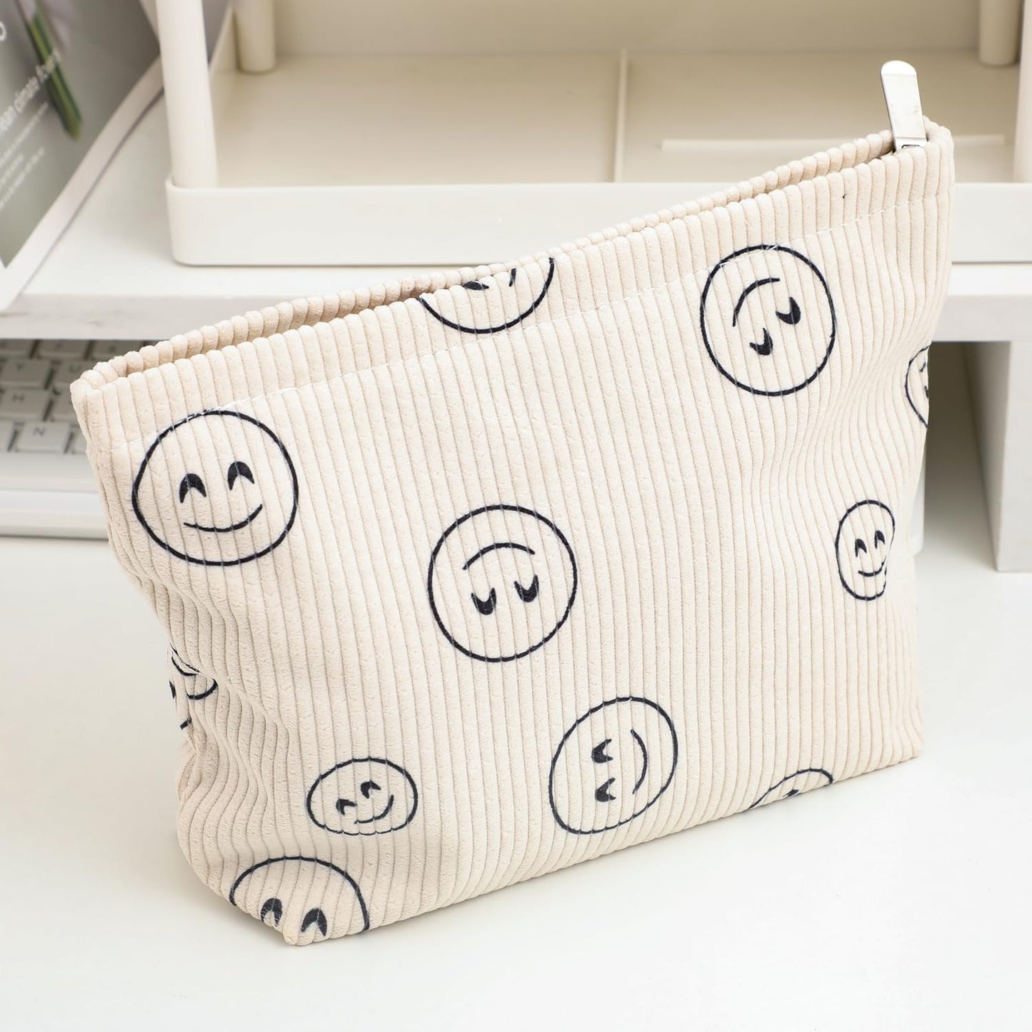 Wudimeitt Cosmetic Bag – Preppy Cute Corduroy Makeup & Toiletry Bag for Women, Travel Essentials Organizer Pouch (Full Beige)