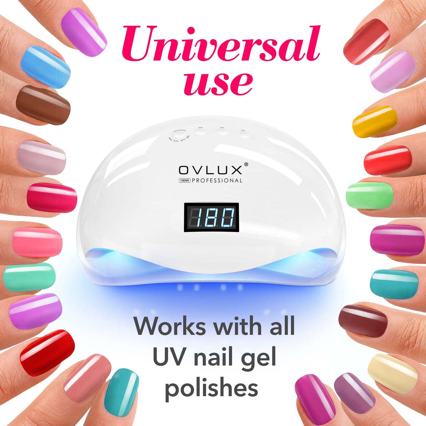 OVLUX 180W Professional UV LED Nail Lamp – Fast Gel Nail Dryer with 57 LEDs, Auto Sensor, LCD Display & 4 Timers for Hands & Feet