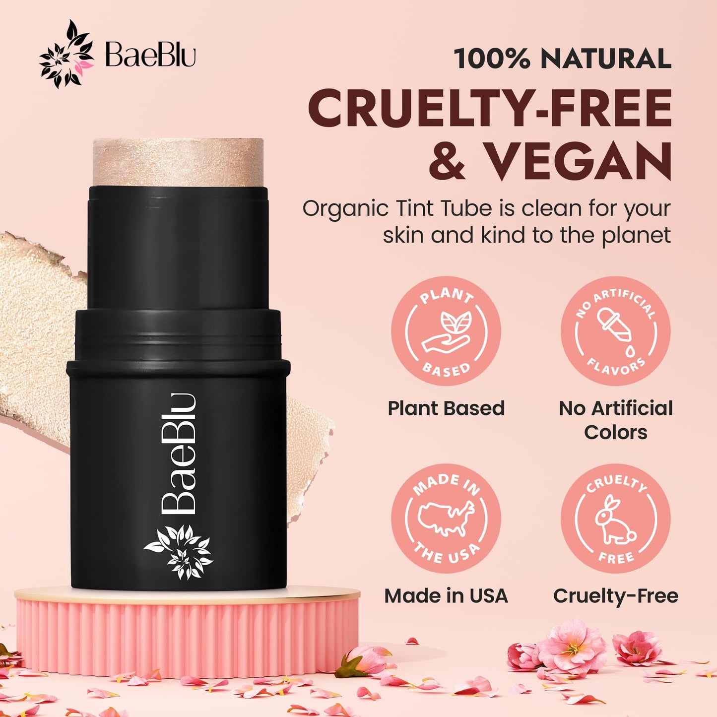 BaeBlu - Organic Blush Tube, Chardonnay - 100% Natural Vegan Cream Blush Sticks, Multi-Use Bronzer, & Highlighter for Lips, Cheeks & Eyes, Buildable