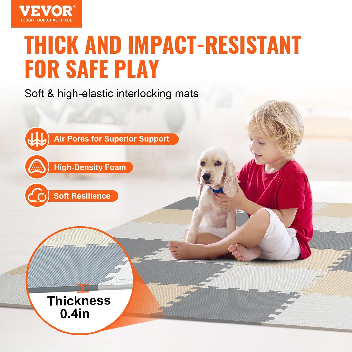 VEVOR 36 Tiles Kids Play Mat – 0.4" Thick EVA Foam Interlocking Puzzle Mats, 12"x12" Each, 36 Sq Ft for Nursery, Playroom, Camel/Gray/Beige