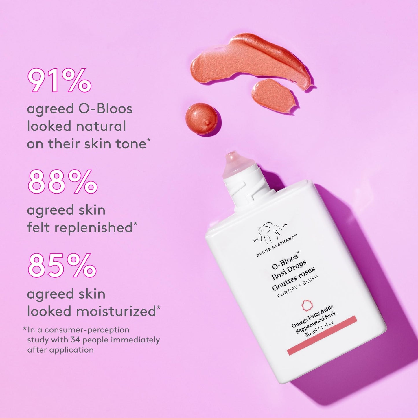 Drunk Elephant O-Bloos Rosi Drops - 30 ml/1 fl oz - Peachy-Pink Color Serum Drops - Clean Clinical Skincare - Cruelty-Free - Dermatologist-Tested