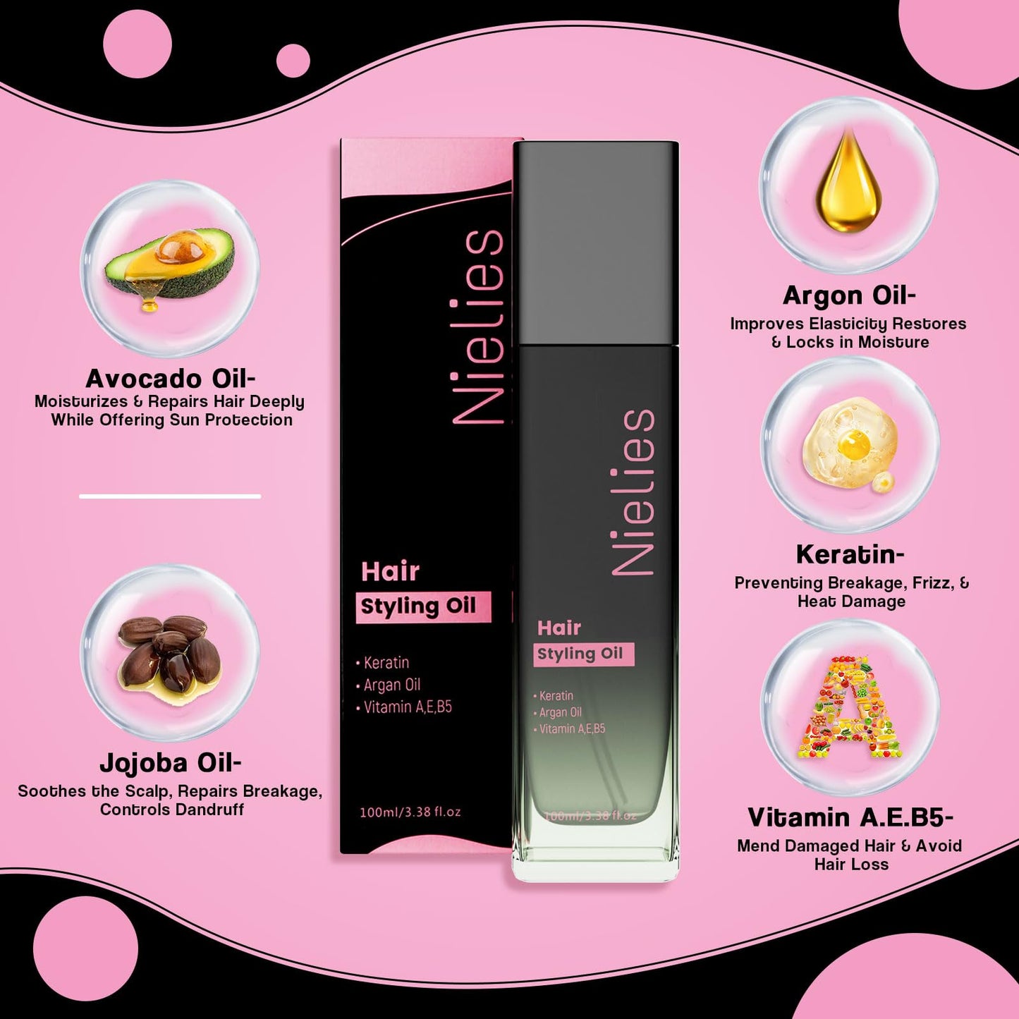 Nielies Hair Serum for Frizzy and Damaged Hair- Keratin Hair Treatment for Dry Hair-Leave-in Anti Frizz Hair Serum with Vitamins A, C, E & B5-Sérum