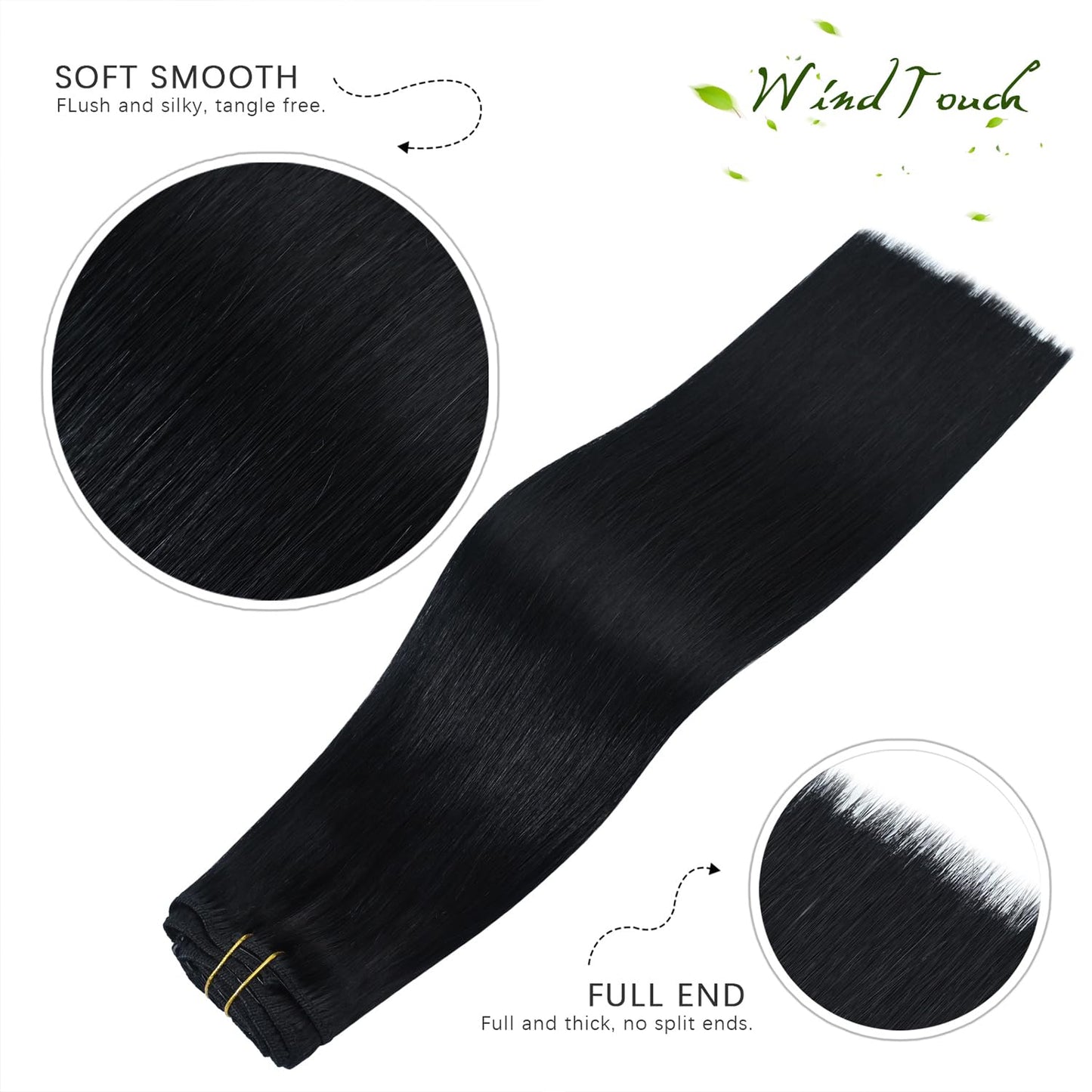 WindTouch Clip in Hair Extensions Real Human Hair Remy Human Hair Clip in Extensions Straight Clip ins Soft No Tangles #1 Jet Black 20 Inch 75g