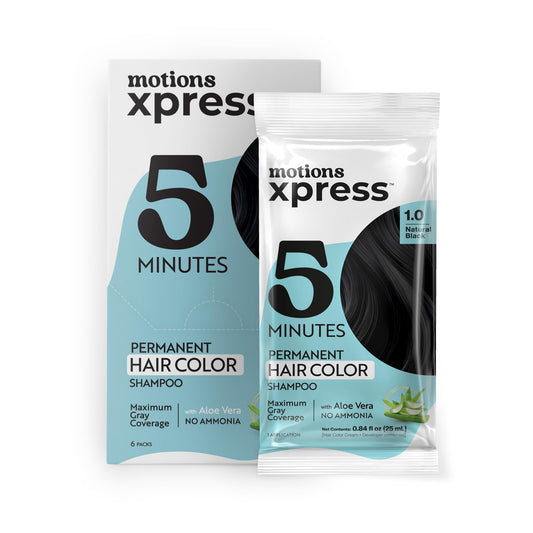 Motions Xpress Permanent Hair Color Shampoo Natural Black - 5 Minute Color, Gray Coverage, Ammonia Free, Deep Shine Hair Dye Shampoo, 0.84 Oz