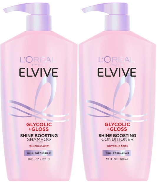 L'Oreal Paris Elvive Glycolic + Gloss Shine Boosting Shampoo and Conditioner Set, Cleanses and Smooths Dull, Porous Hair Into High-Shine, Glossy Hair