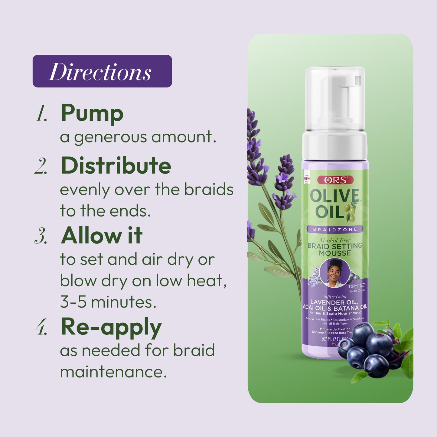ORS Olive Oil Braidzone Braid Setting Mousse with Lavender, Acai & Batana Oil 7 Ounces