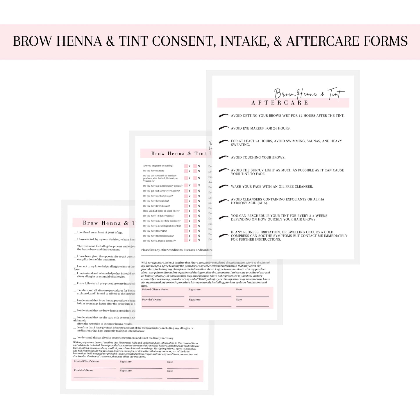 Brow Henna and Tint Intake Forms, Consent, and Aftercare Instruction Cards | 75 pk, 25 of Each | for Client Signature Medical History Information