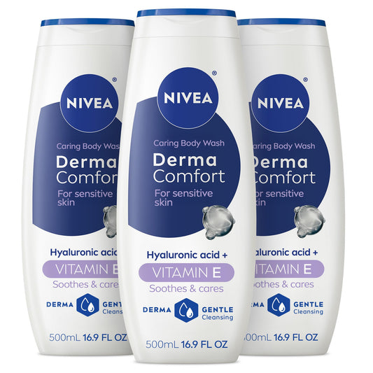 NIVEA Derma Comfort Caring Body Wash for Sensitive Skin, Body Wash with Hyaluronic Acid and Vitamin E, 16.9 Fl Oz Bottle, Pack of 3 Beauty & Personal Care NIVEA