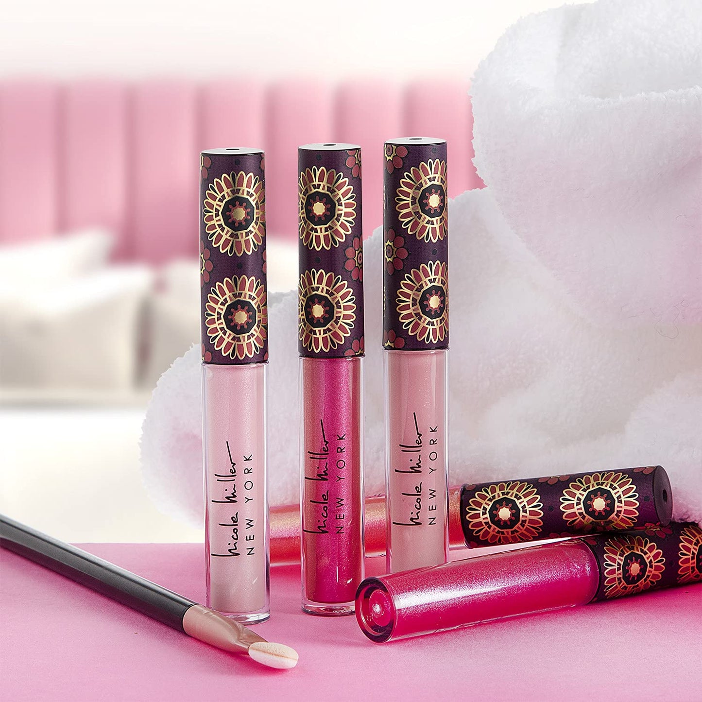 Nicole Miller Lip Gloss Collection Shimmery Glosses for Women and Girls Long Lasting Color Set with Rich Varied Colors, Pink Shimmer, 10 Count (Pack