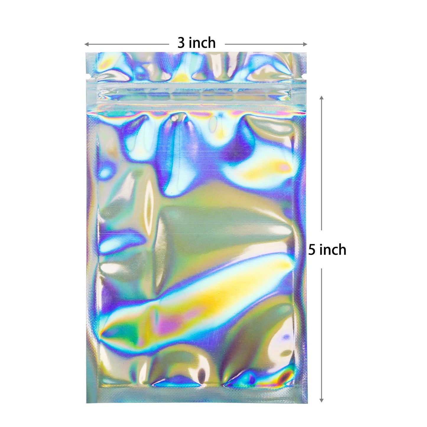 100 Pieces Smell Proof Bags - 3x5 Inches Resealable Mylar Bags Clear Zip Lock Food Candy Storage Bags Holographic Rainbow Color