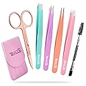 TsMADDTs 6 PCS Tweezers Set for Women, Eyebrow Tweezers with Curved Scissor for Ingrown Hair, Hair Plucking Daily Beauty Tools with Leather Travel