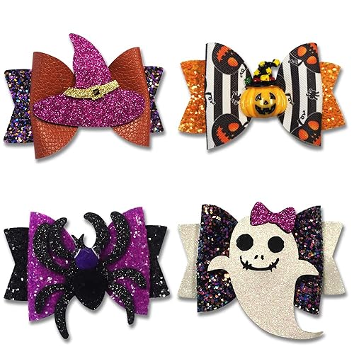 Hying 4PCS Halloween Glitter Hair Bow Clips for Kids Baby Girls, Ghost Pumpkin Bowtie Hair Pins for Kids Halloween Decorations Hair Accessories