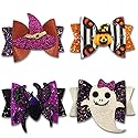 Hying 4PCS Halloween Glitter Hair Bow Clips for Kids Baby Girls, Ghost Pumpkin Bowtie Hair Pins for Kids Halloween Decorations Hair Accessories
