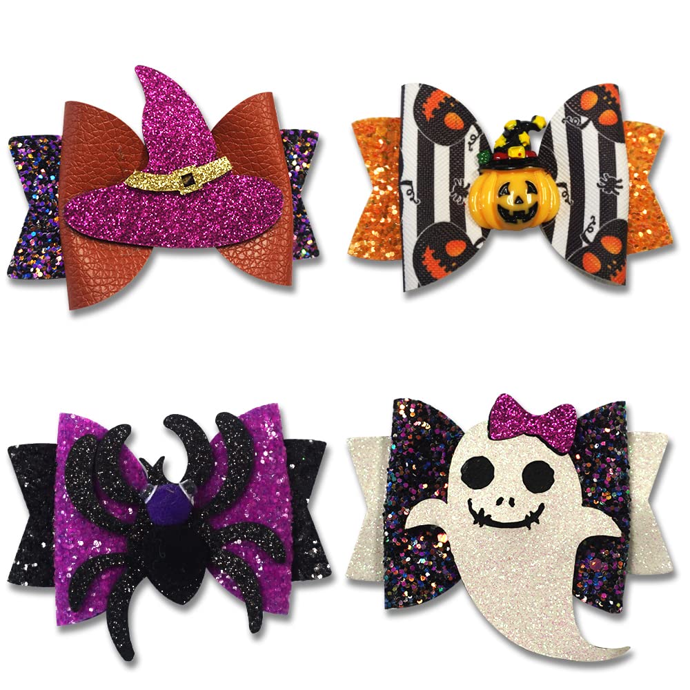 Hying 4PCS Halloween Glitter Hair Bow Clips for Kids Baby Girls, Ghost Pumpkin Bowtie Hair Pins for Kids Halloween Decorations Hair Accessories