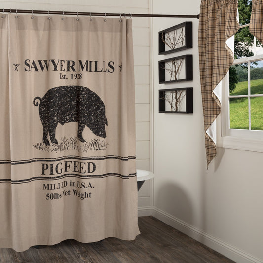 VHC Brands Sawyer Mill Pig Shower Curtain, Black, 72x72