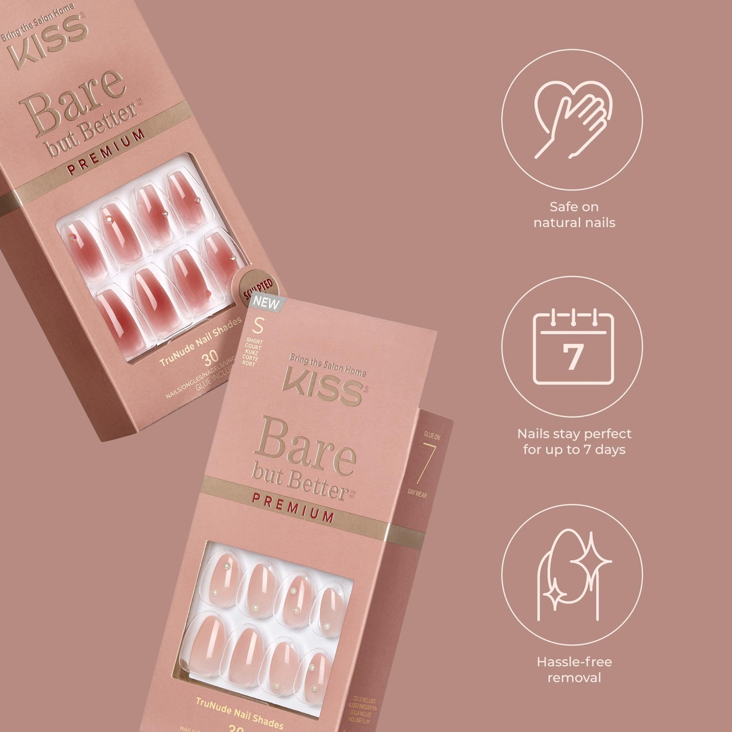 KISS Bare but Better, Press On Nails, Nail glue included, 'Shine', Dark Pink, Medium Size, Coffin Shape, Includes 30 Nails, 2g Glue, 1 Manicure Stick Beauty & Personal Care KISS