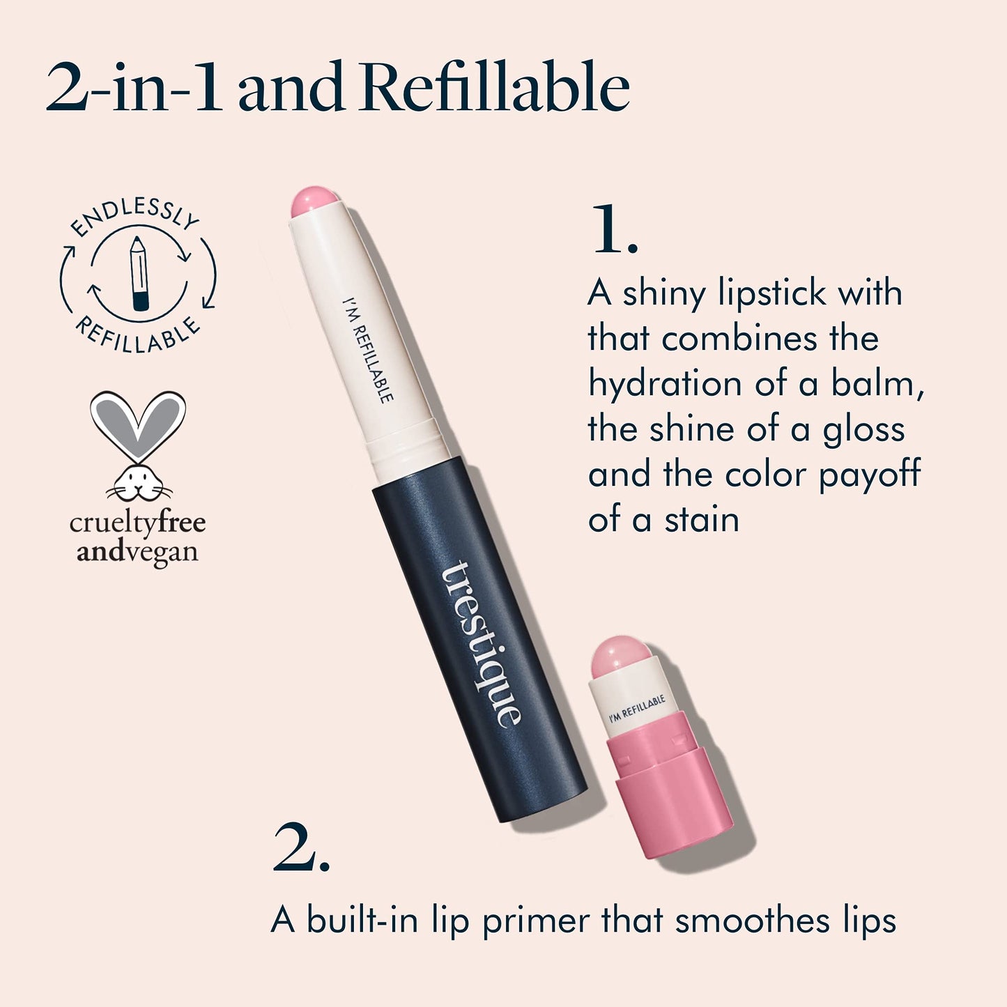 TRE'STIQUE trestique Prime And Shine Lip Crayon, Refillable Shiny Lipstick With Built-in Lip Primer, Clean Beauty Makeup, Lipstick For Women, 2-in-1