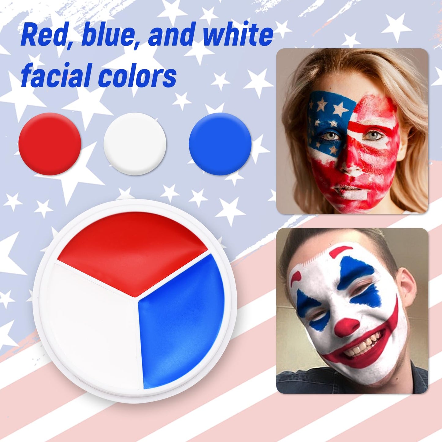 Red White Blue Face Body Paint - USA American Flag 3 Colors Makeup Face Painting Palette for America's Patriotic Events 4th of July, Independence Day