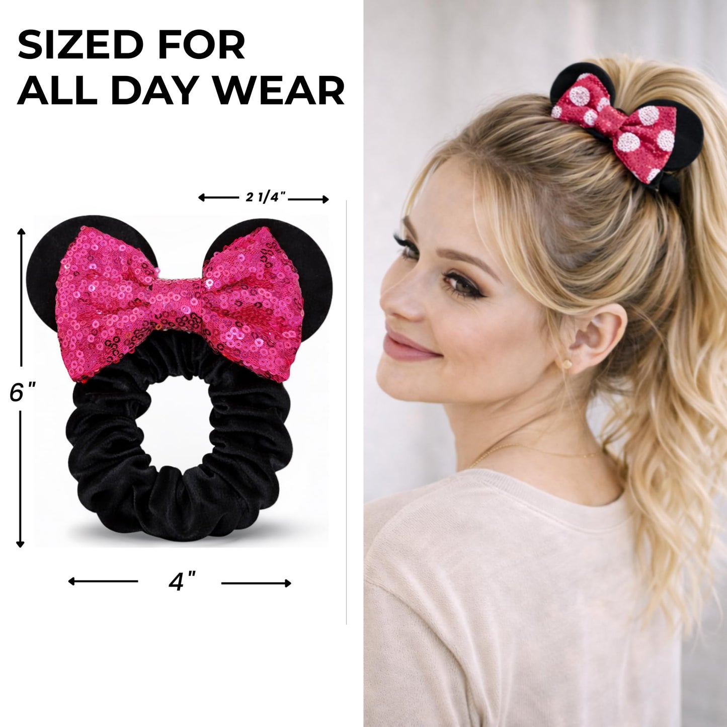 2 Pack Mouse Ear Scrunchies - Velvet Bow Hair Scrunchies with Sequin Ears - Cute Ponytail Holder Hair Accessories for Women by Styla Hair (Hot Pink) Beauty and Personal Care Styla Hair