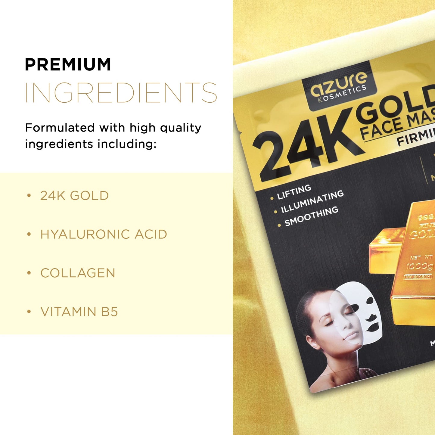 Azure Cosmetics 24K Gold Firming Face Mask- Anti Aging, Hydrating, Toning & Firming Facial Mask - Helps Reduce Wrinkles & Fine Lines with Hyaluronic