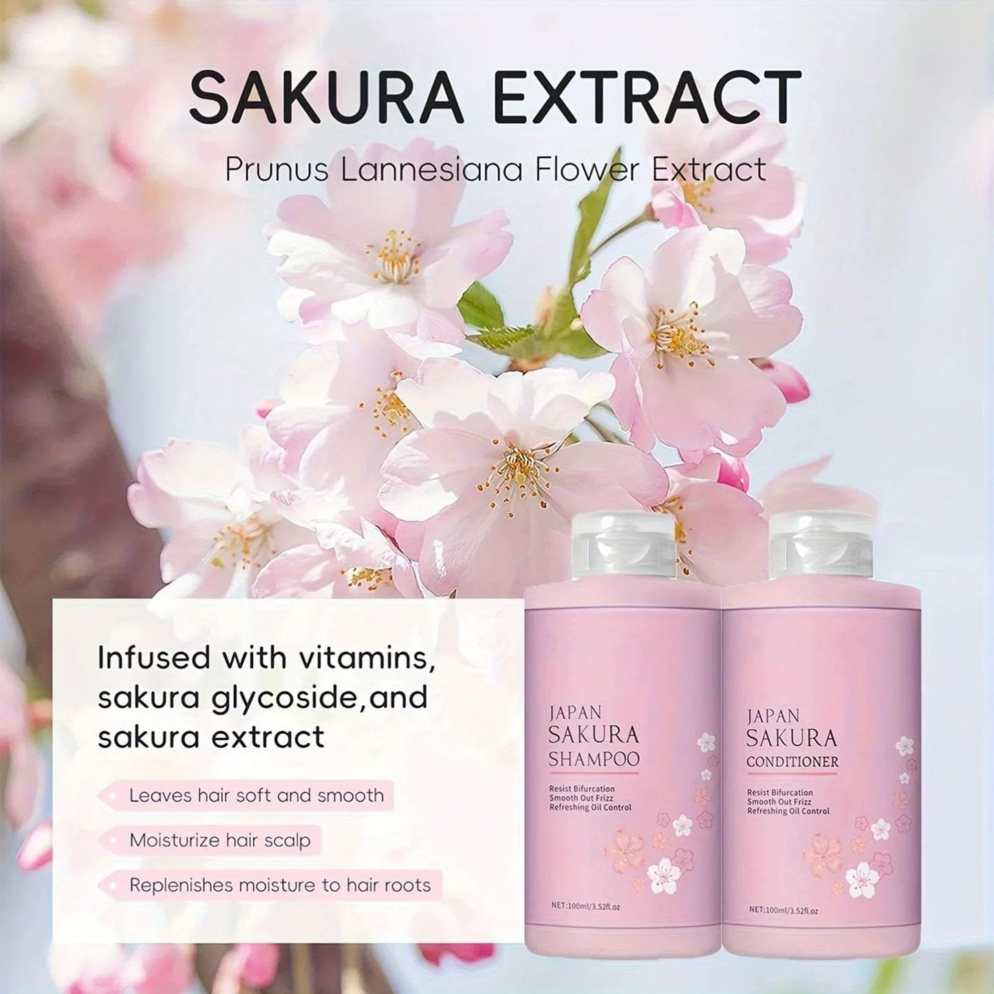 Cherry Blossoms Shampoo & Conditioner Set, Travel Size Hair Care Set, Long-Lasting Fragrance, Intense Hydration, Damage Repair, Frizz Control, Scalp