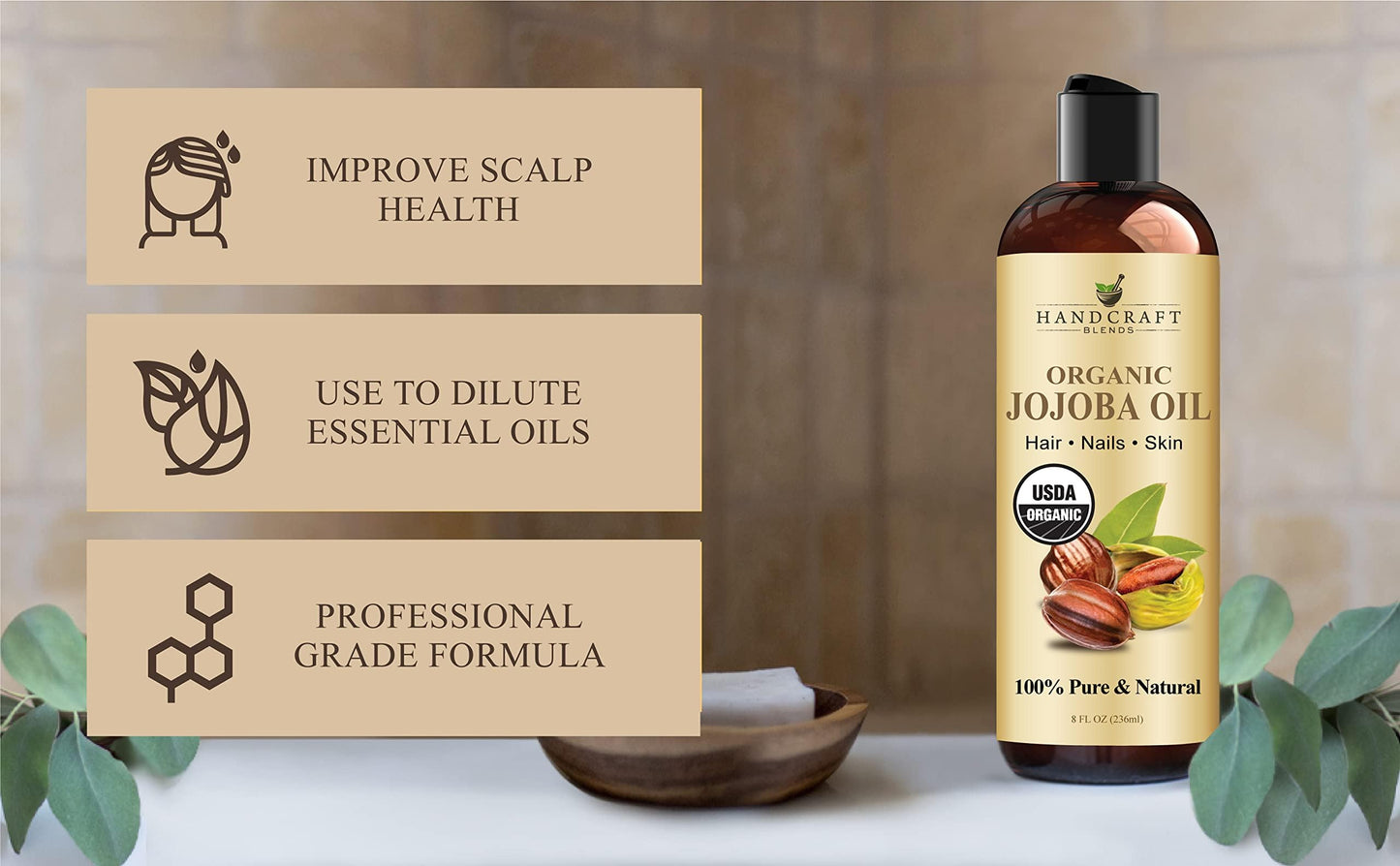 Handcraft Blends USDA Organic Jojoba Oil | Cold-Pressed | 8 Fl Oz | 100% Pure & Natural | for Hair, Skin & Face | Premium Grade Carrier Oil |