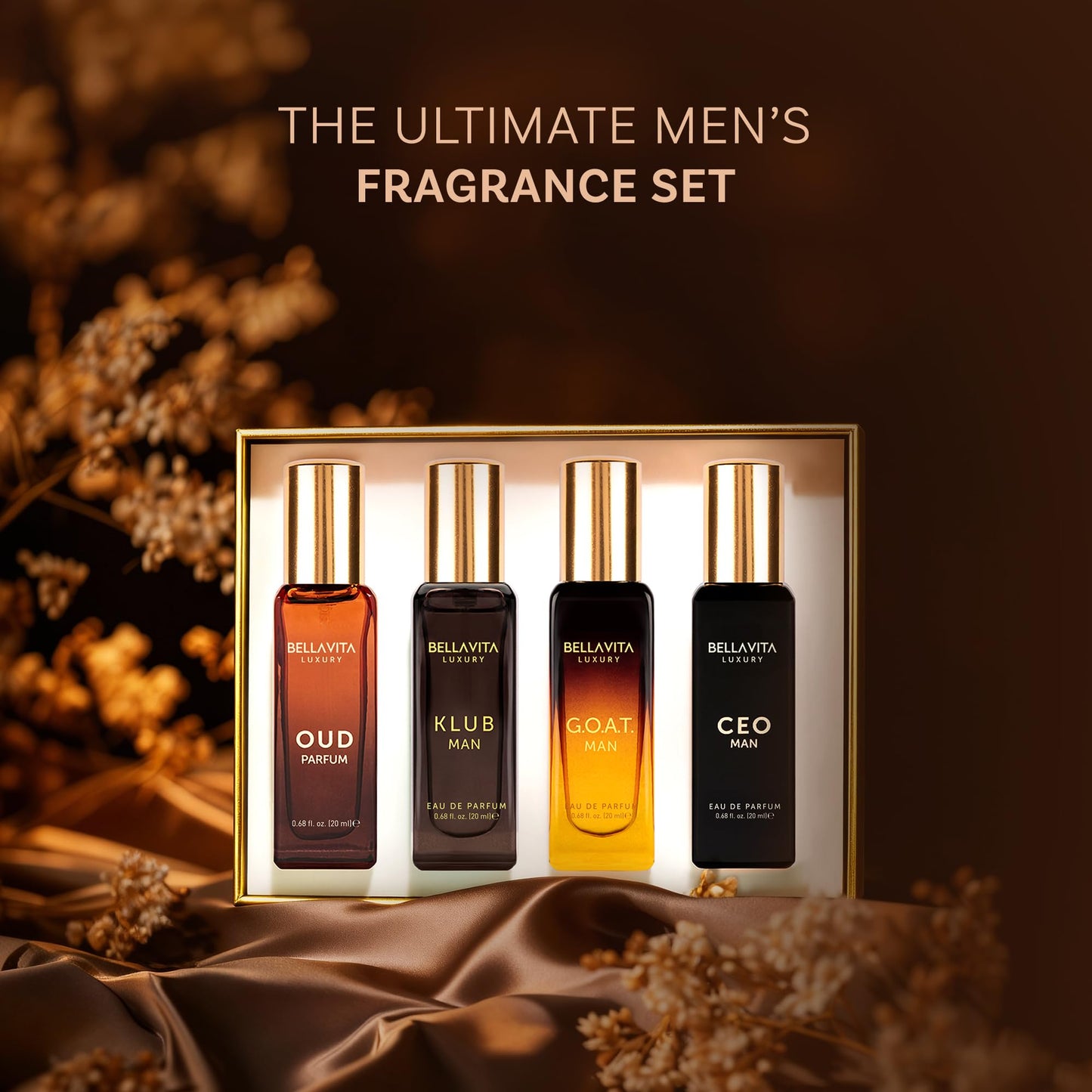 BellaVita Luxury Men's Perfume Gift Set with CEO Man, G.O.A.T., KLUB & OUD | 4 x 20ml (80ml) | Long Lasting Perfume for Men | Citrus, Woody, Patchouli Beauty and Personal Care Bella Vita Luxury