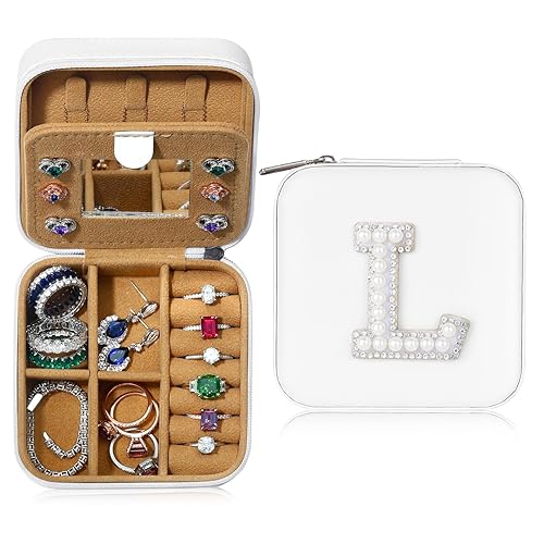 Parima Women's L Initial Mini Jewelry Case | Personalized Travel Case | Birthday Gift - White