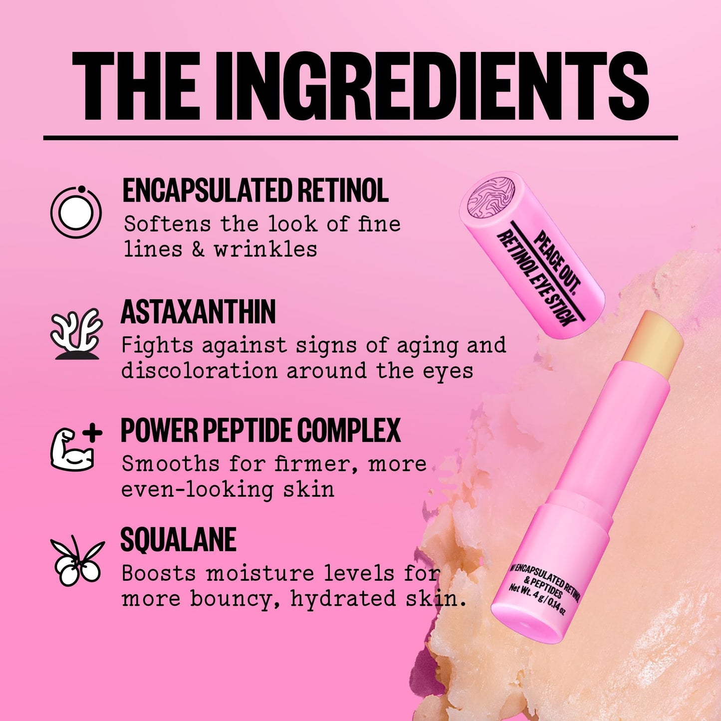 PEACE OUT Retinol Eye Stick, Under Eye Treatment for Hydration, Fine Lines & Wrinkles, with Encapsulated Retinol, Peptides & Squalane for Smoother