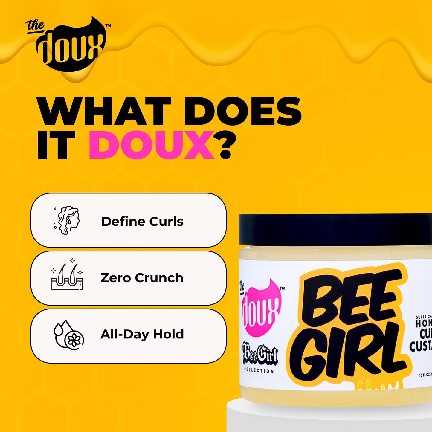 The Doux Curl Cream for Curly Hair with Honey, Aloe & Keratin - Curl Defining Custard for Frizz Control, Moisture & Shine Bee Girl Honey Custard