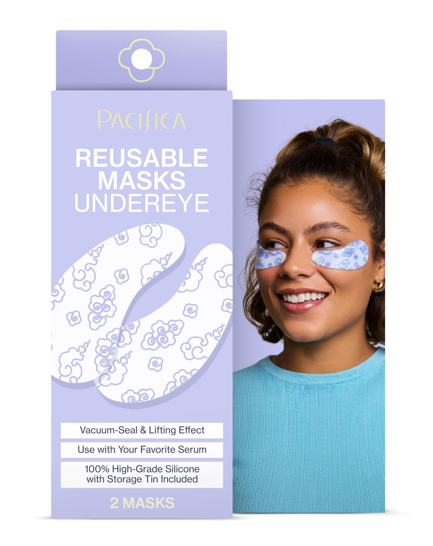 Pacifica Reusable Mask - Under Eye Mask Silicone Face Mask for Fine Lines & Dark Circles, Pair with Serum, Storage Tin Included, Vegan & Cruelty-Free
