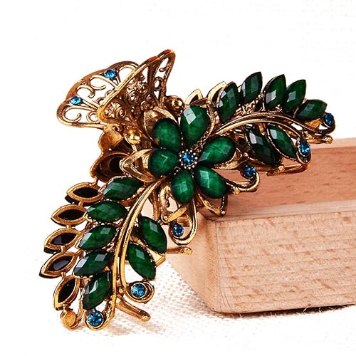 Large Metal Rhinestone Alloy Hair Claw Jaw Clip Retro Flowers Hair Clip Fancy Hair Barrette Clamp for Women and Girls Thick Hair (Green)