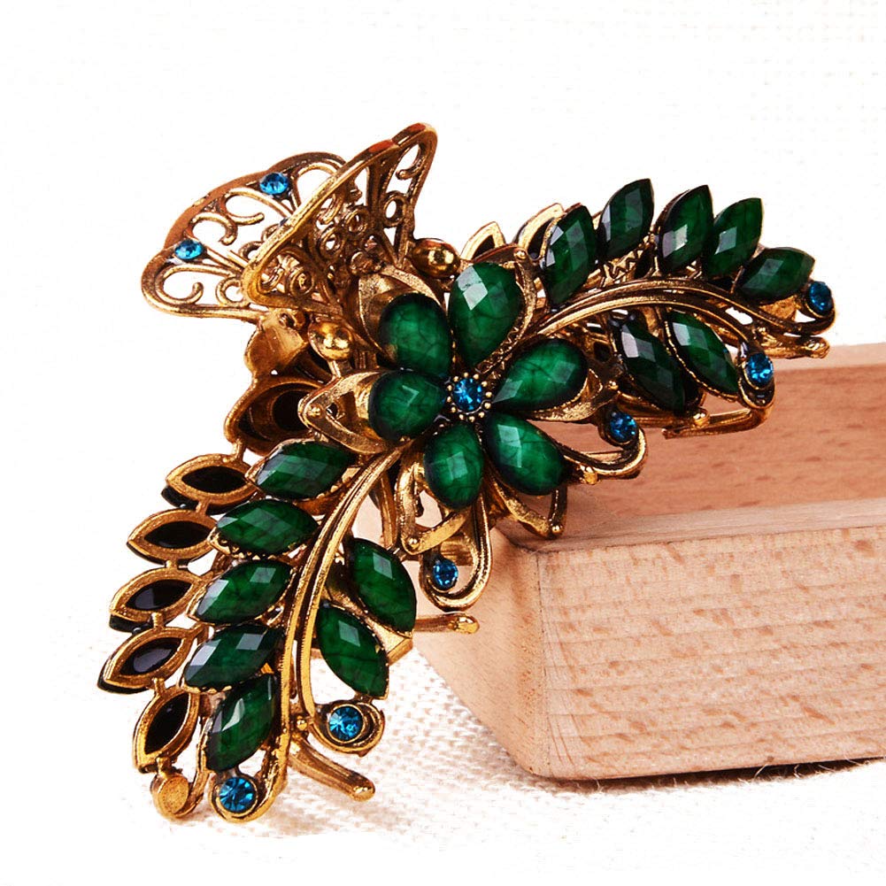 Large Metal Rhinestone Alloy Hair Claw Jaw Clip Retro Flowers Hair Clip Fancy Hair Barrette Clamp for Women and Girls Thick Hair (Green)