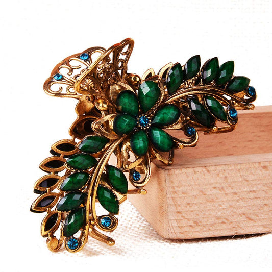 Large Metal Rhinestone Alloy Hair Claw Jaw Clip Retro Flowers Hair Clip Fancy Hair Barrette Clamp for Women and Girls Thick Hair (Green)