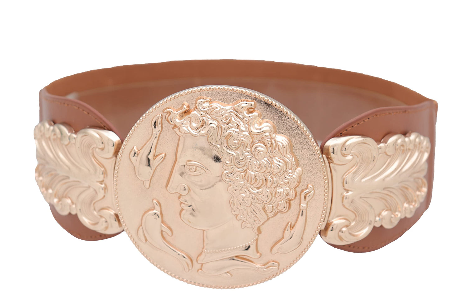 Women Fashion Wide Elastic Belt Hip Waist Gold Metal Greek Coin Buckle S M Brown