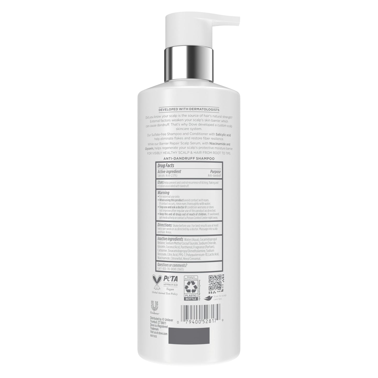 Dove Derma Scalp Dandruff Relief Shampoo 1 ct with Salicylic Acid, Sulfates and Niacinamide for Removing Flakes & Boosting Hair Resilience 16 fl oz