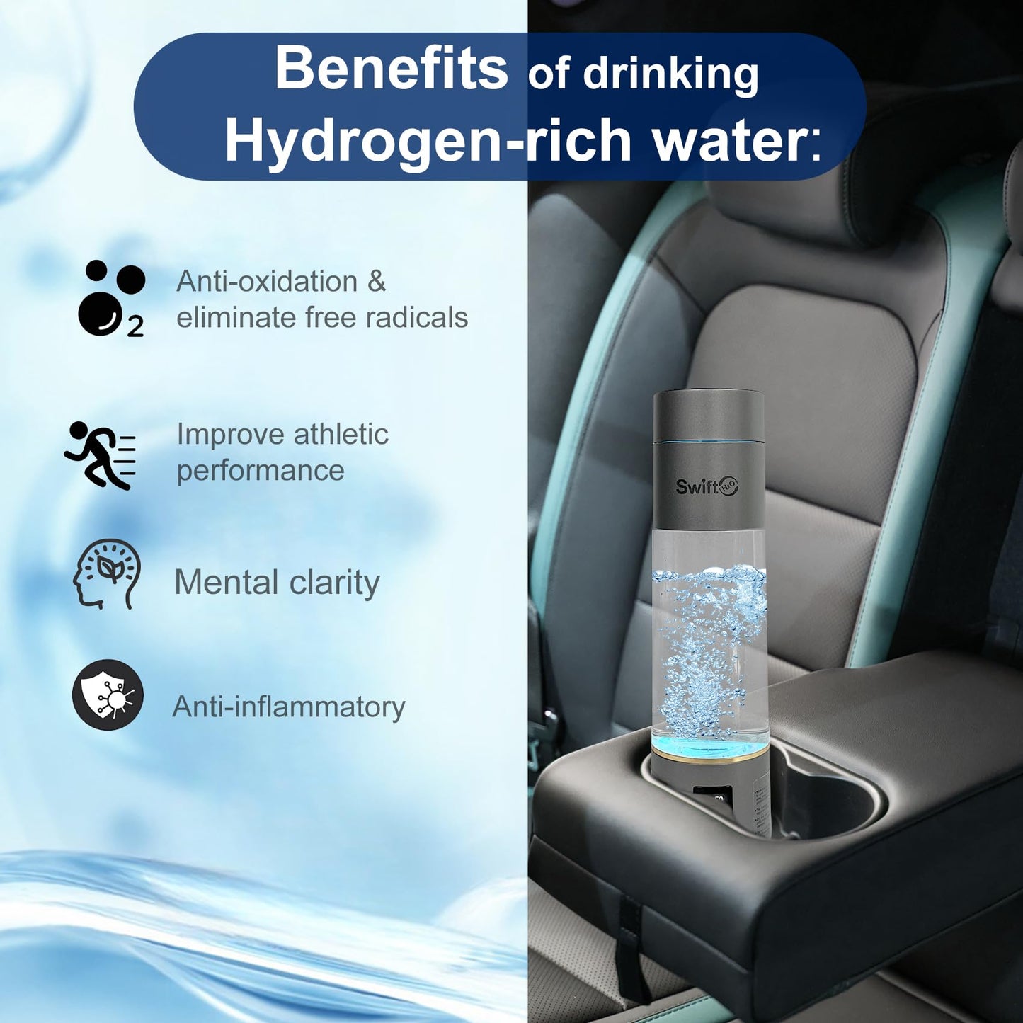 Hydrogen Water Bottle Generator 2024, PEM/SPE Electrolysis Hydrogen Water Technology, 4000+ PPB, LED Display, Hydrogen Water Ionizer Machine, Hydro