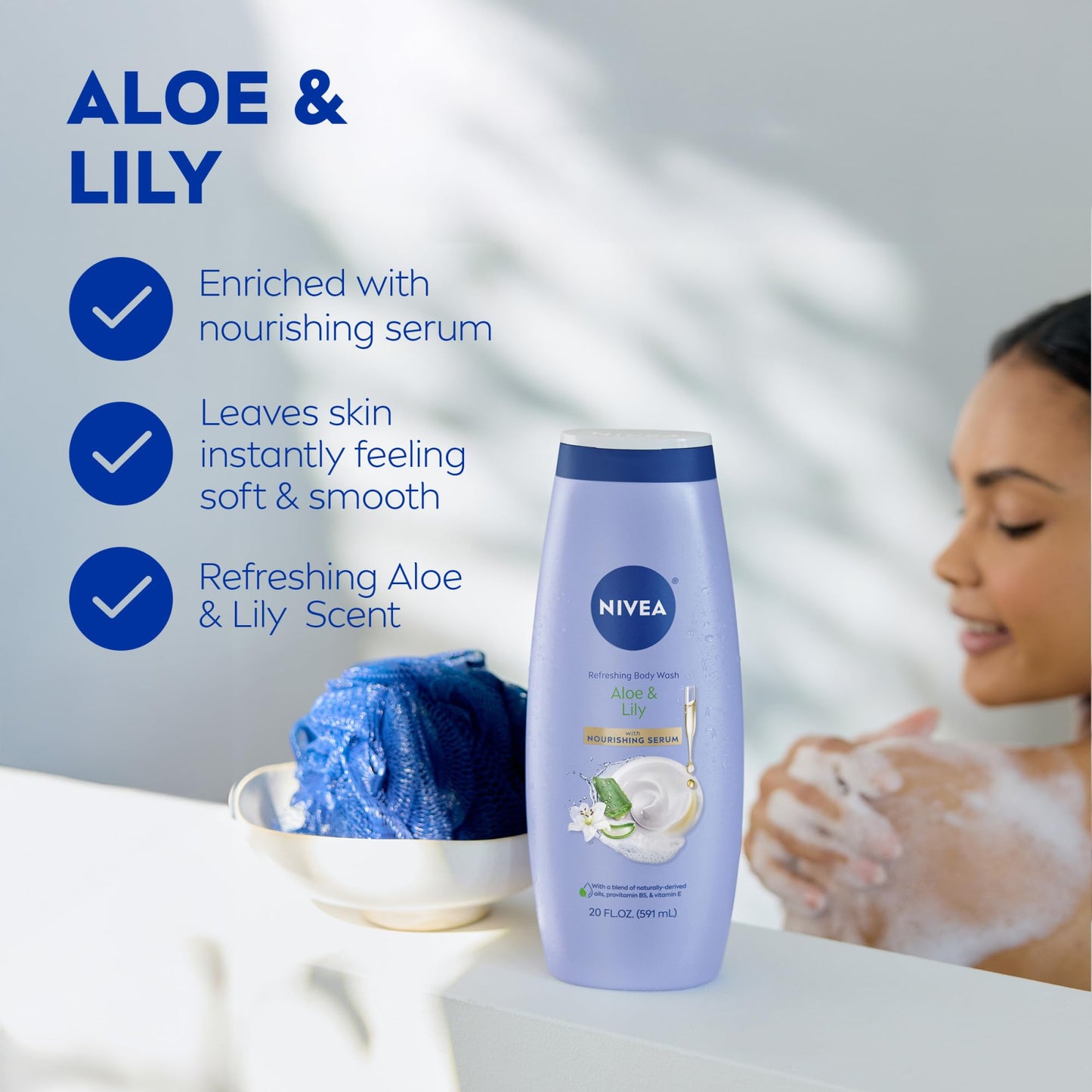 NIVEA Refreshing Fresh Aloe and Lily Body Wash with Nourishing Serum, Scented Body Wash for Women, Enriched with Provitamin B5 and Vitamin E, 20 Fl Oz
