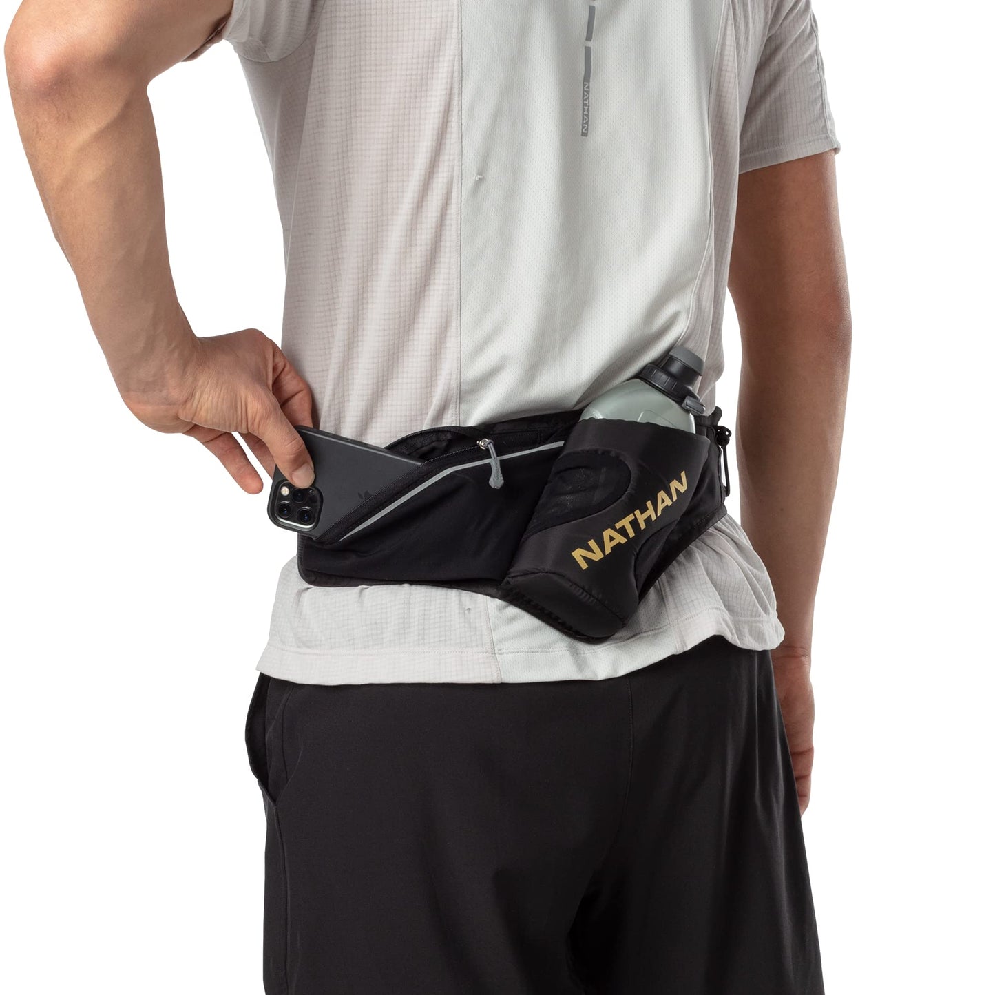 Nathan Peak Running Hydration Waist Pack Belt w/Speed Draw Flask Water Bottle, 18oz/535 ml Push/Pull Race Cap, Expandable Zippered Stretch Pocket