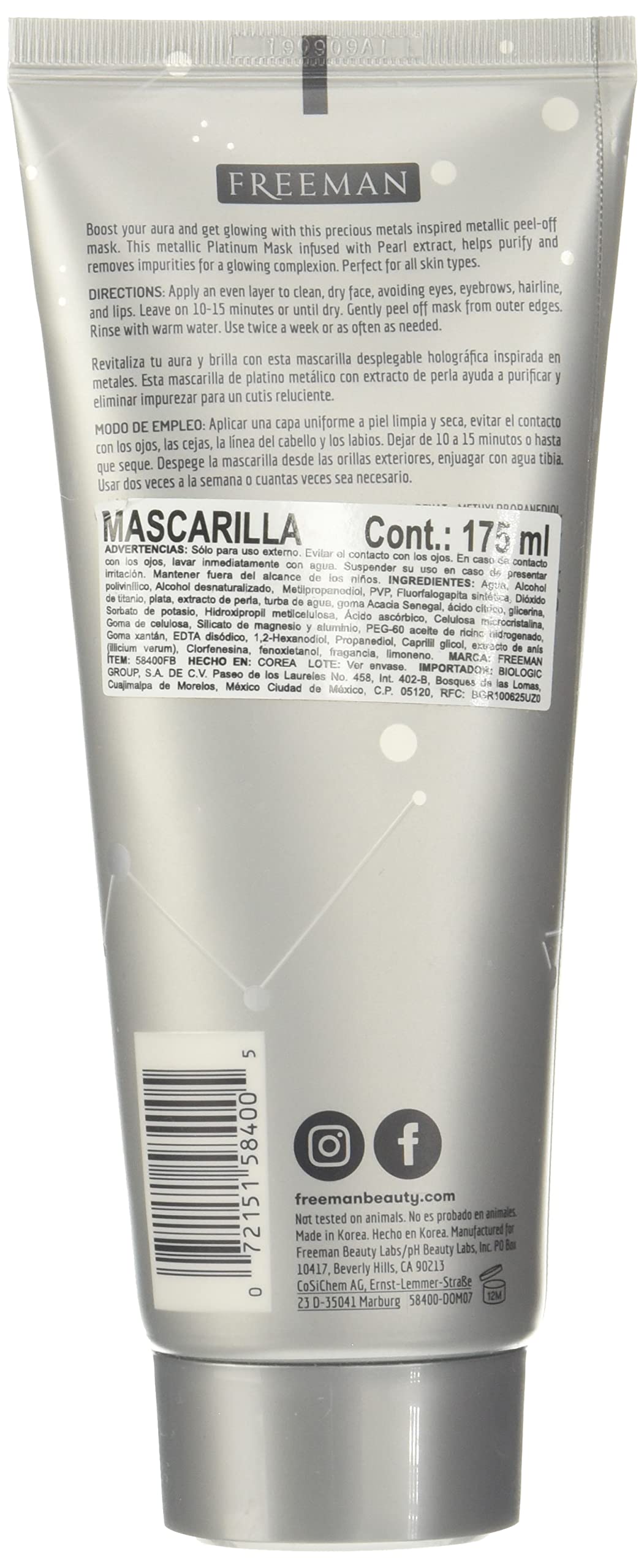 Cosmic Metallic Peel-Off Mask - Purifying Platinum by Freeman for Women - 6 oz Mask