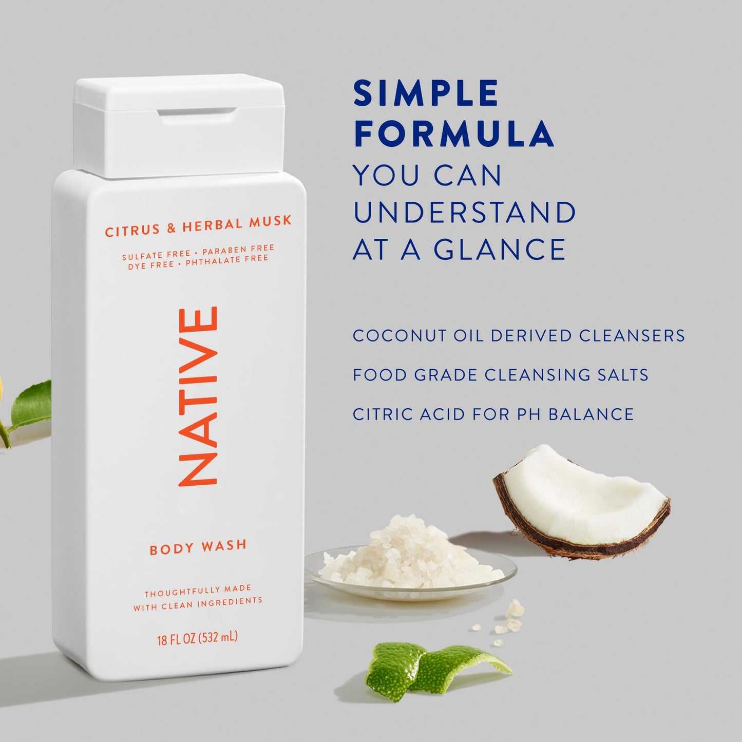 Native Body Wash Contains Naturally Derived Ingredients | For Women & Men, Sulfate, Paraben, & Dye Free Leaving Skin Soft and Hydrated | Citrus