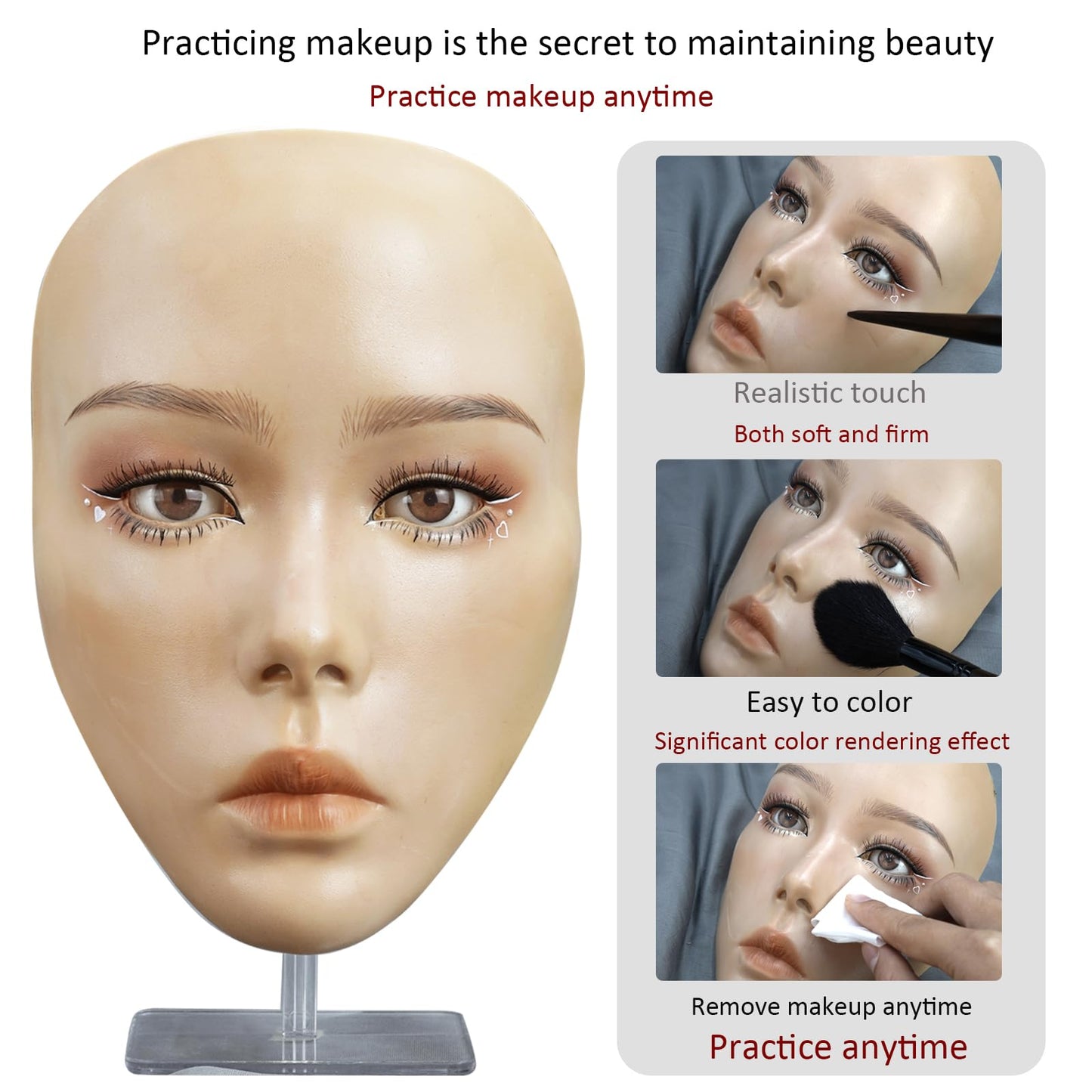 5D makeup Practice Face Board, Silicone Makeup Mannequin Face, Reusable Beginner Practice Eye Makeup Face, Eye Fake Silicone, Makeup Artist Full Face