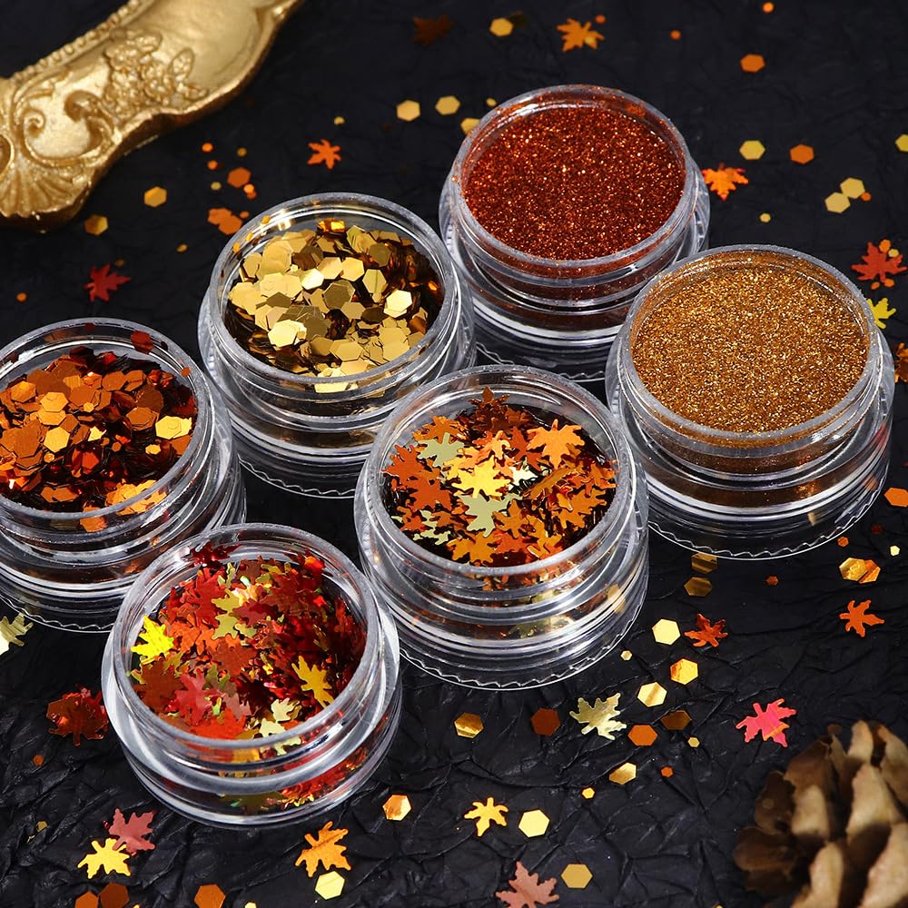 Fall Nail Art, 6 Boxes Fall Leaves Nail Glitters 3D Gold Maple Leaf Nail Sequins with Glitter Powder Gold Yellow Red Autumn Leaves Nail Art Flakes