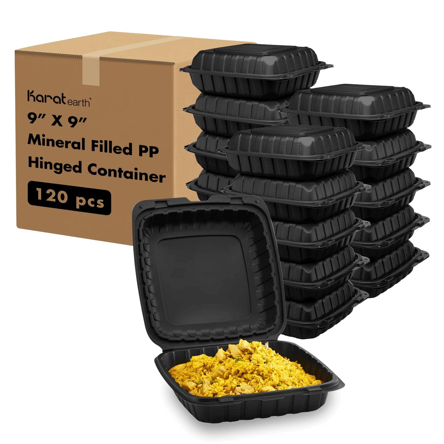 KARAT EARTH Clamshell Take Out Food Containers [9"x9" - 120 ct] To Go Containers | Microwavable, Freezer Safe, Soak-Resistant, Durable, Stackable…