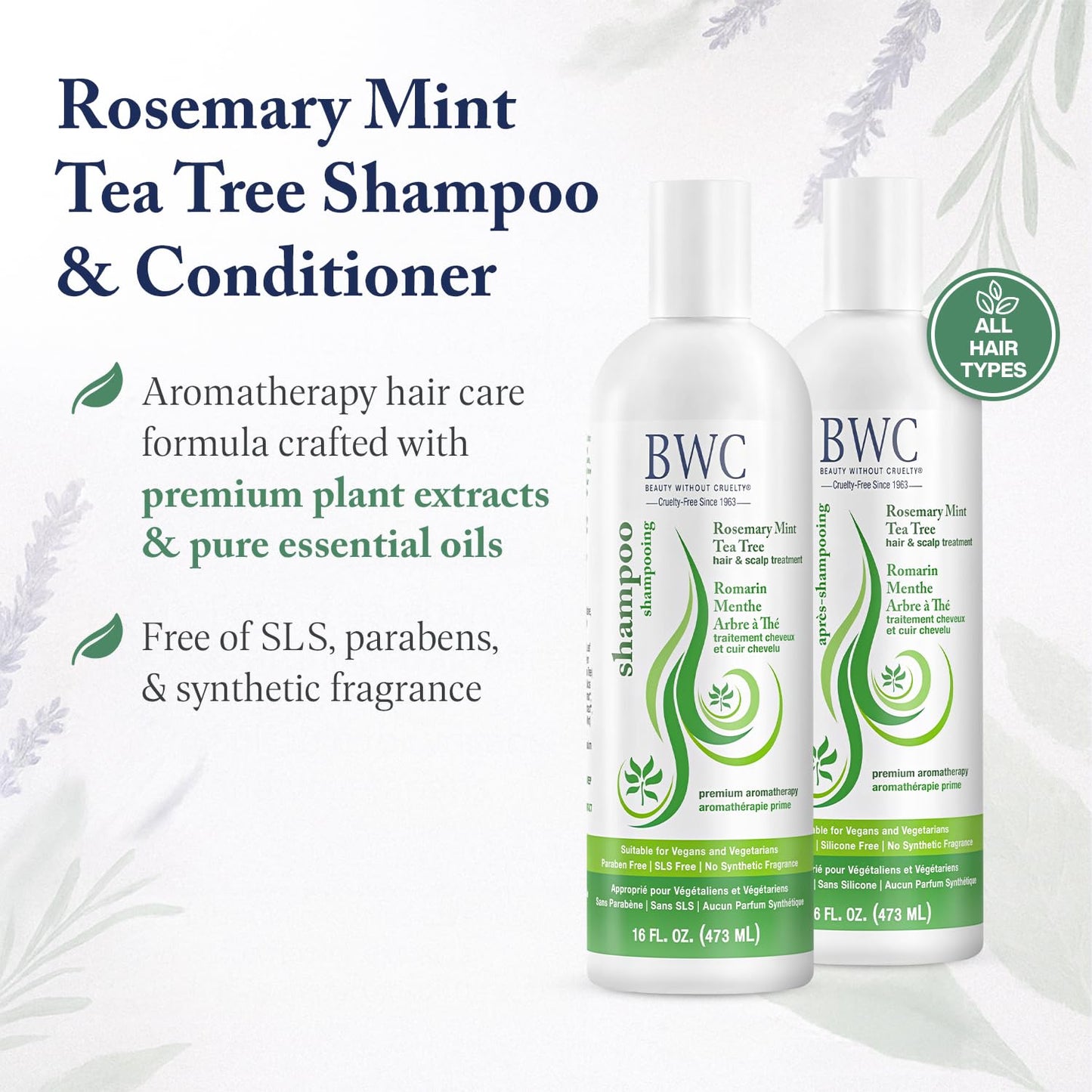 Beauty Without Cruelty Shampoo and Conditioner Set, Clarifying Rosemary Mint Tea Tree - Aromatherapy Hair & Scalp Treatment, SLS-Free, Vegan-Friendly