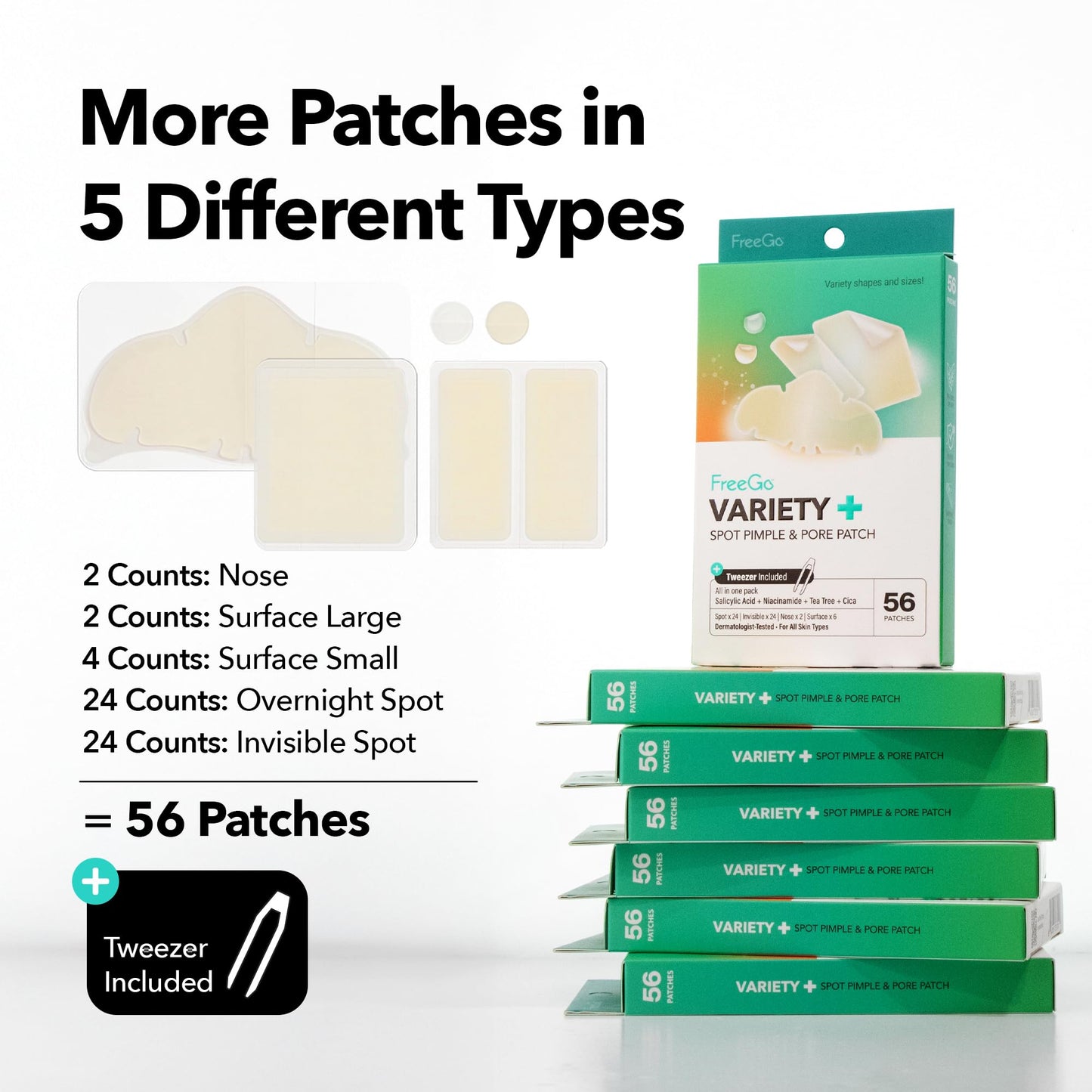 FreeGo Variety+ Hydrocolloid Spot Pimple & Pore Patches for Face, Large Patches for Breakouts, Zit, Blemish Spot, Facial Stickers, Korean Pimple