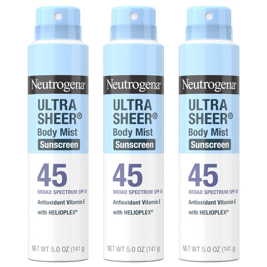 Neutrogena Ultra Sheer Sunscreen Spray SPF 45 Body Mist, Lightweight Non-Greasy Broad Spectrum UVA/UVB Protection, Oil-Free & Non-Comedogenic Water